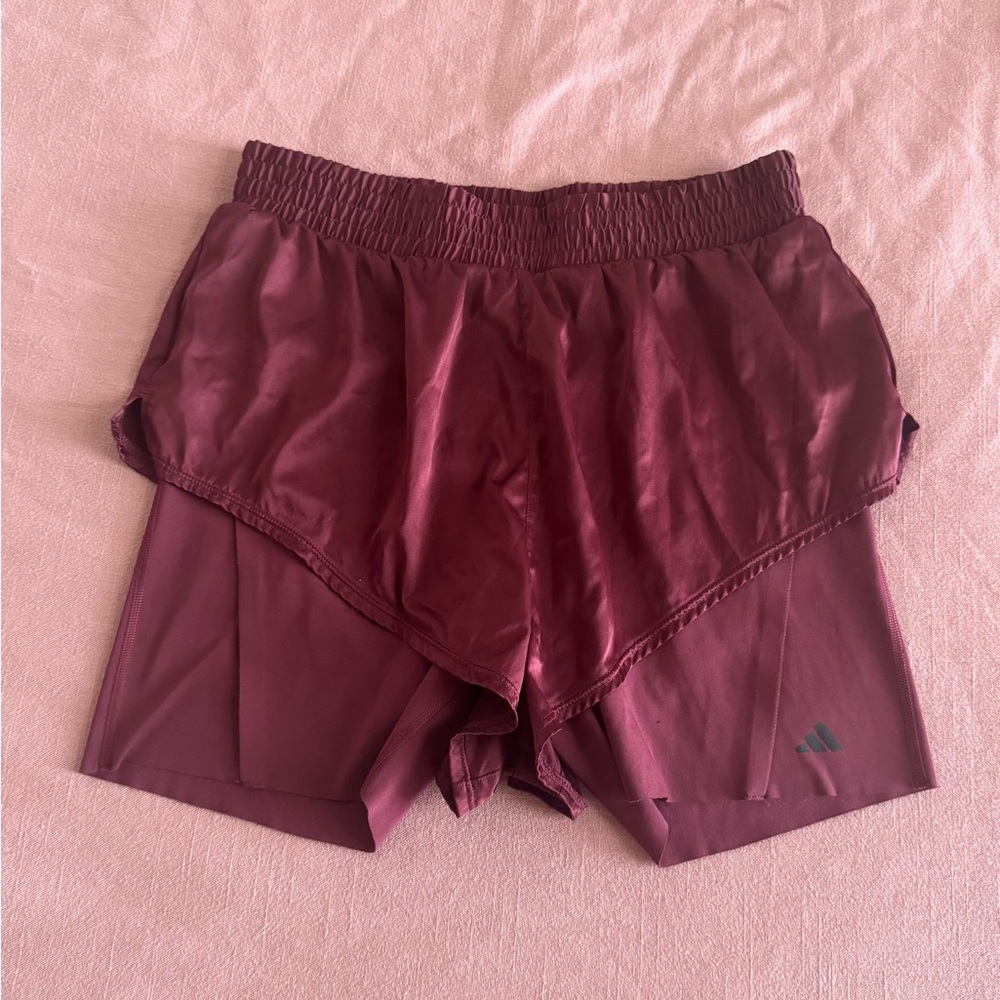 Adidas Aeroready Satin Maroon 2 in 1 running shorts size medium